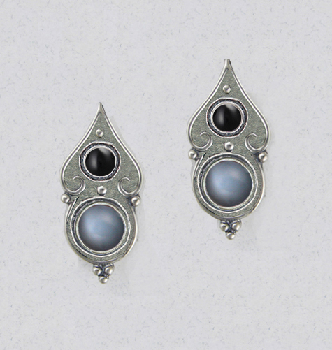 Sterling Silver Gothic Look Post Stud Earrings With Grey Moonstone And Black Onyx